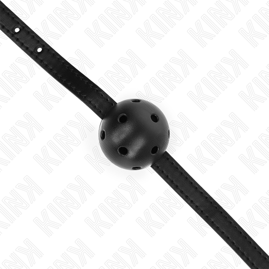 Detalhe da Mordaça Bola Respirável Preta KINK Simplicity, mostrando a bola de 4,5cm e a tira ajustável.