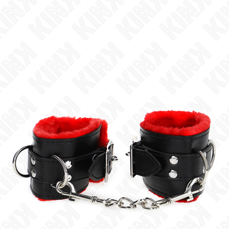 KINK Punho de Pulso Forro de Pele com Furos Quadrados Ajustável Vermelho e Preto para BDSM.