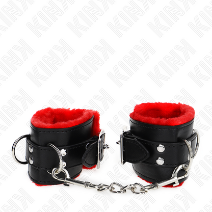 KINK Punho de Pulso Forro de Pele com Furos Quadrados Ajustável Vermelho e Preto para BDSM.