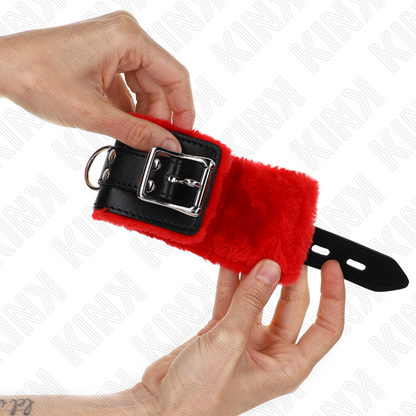 KINK Punho de Pulso Forro de Pele com Furos Quadrados Ajustável Vermelho e Preto para BDSM.