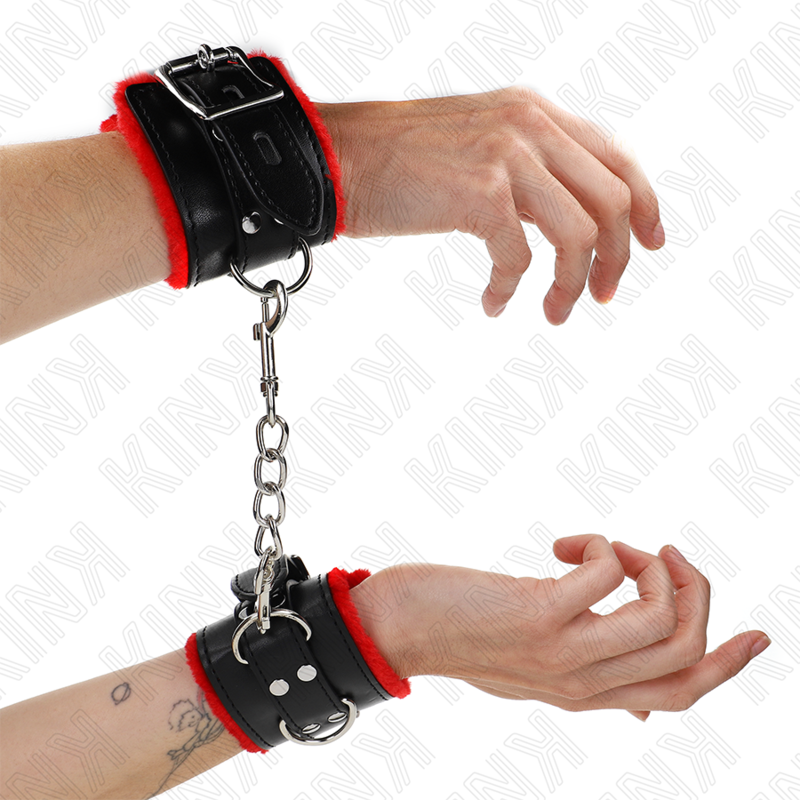 KINK Punho de Pulso Forro de Pele com Furos Quadrados Ajustável Vermelho e Preto para BDSM.