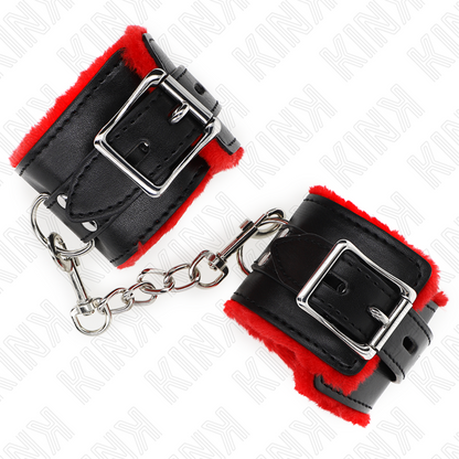 KINK Punho de Pulso Forro de Pele com Furos Quadrados Ajustável Vermelho e Preto para BDSM.