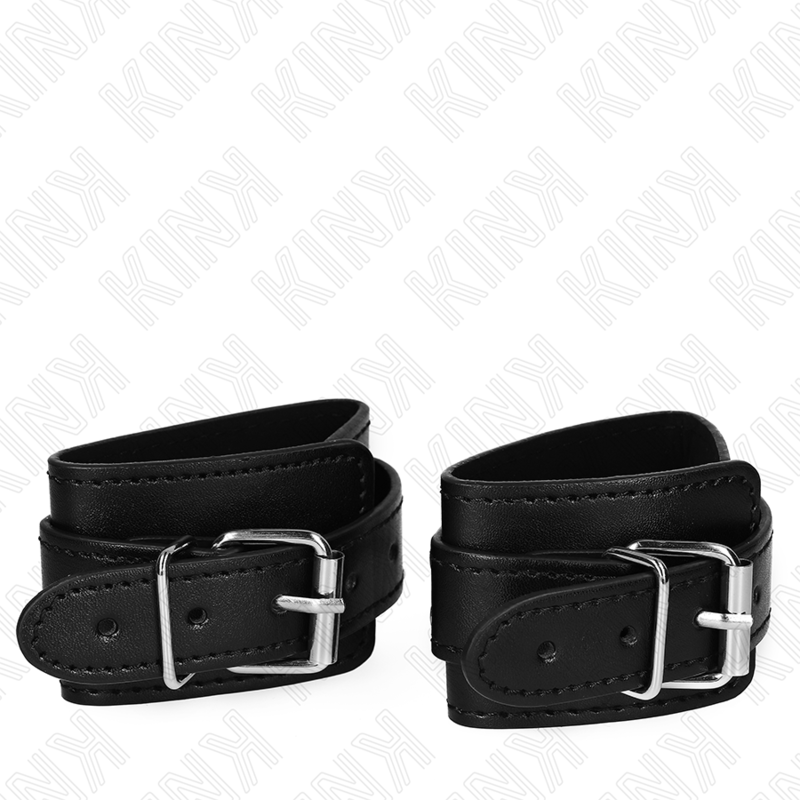 KINK Algemas de Pulso Masmorra Ajustáveis Pretas com Bloqueio para BDSM, exibindo o design e o fecho de segurança.