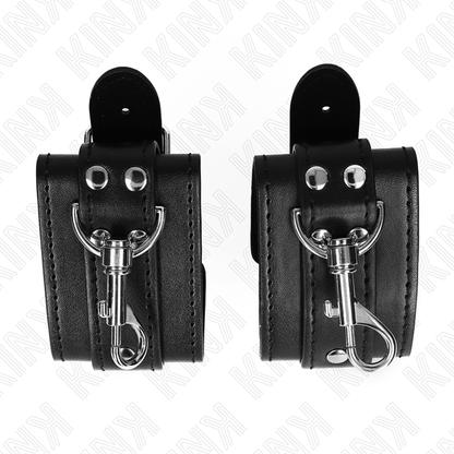 KINK Algemas de Pulso Masmorra Ajustáveis Pretas com Bloqueio para BDSM, exibindo o design e o fecho de segurança.