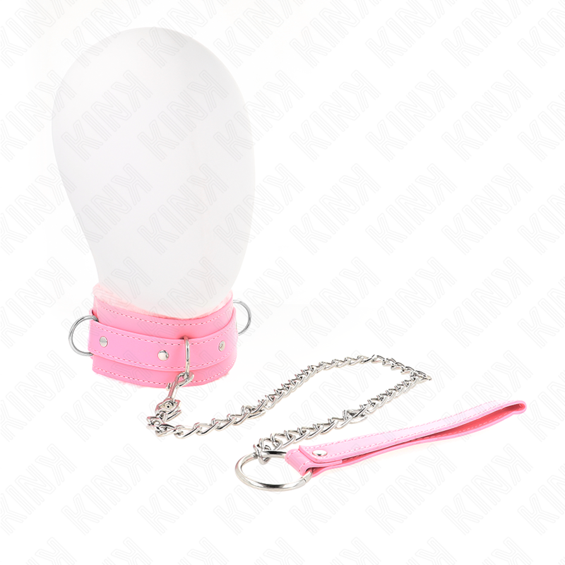 Colar BDSM com trela KINK rosa, detalhando o material e a fivela ajustável.