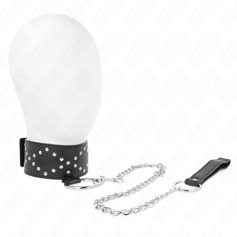 KINK Colar e Trela com Pregos Prata 65cm Ajustável para BDSM, exibindo detalhes do design e pregos metálicos.