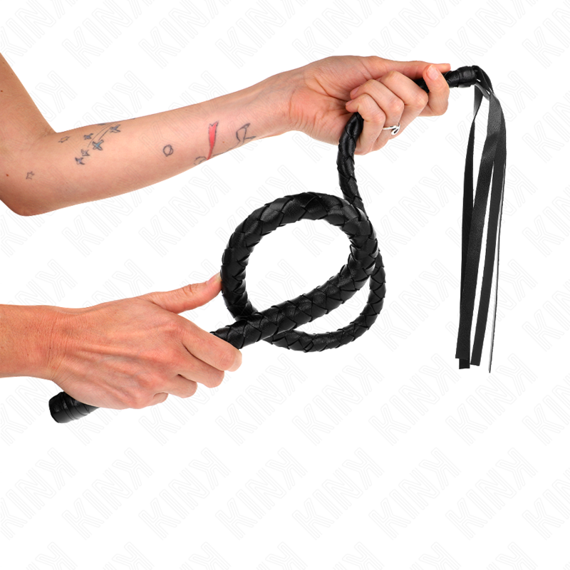KINK Chicote Longo com Contas 110cm para BDSM, detalhe das contas e punho.