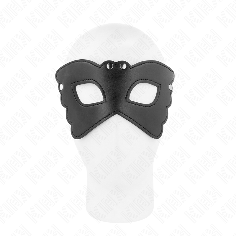 Máscara de couro KINK em forma de borboleta preta, detalhe do material e design elegante.
