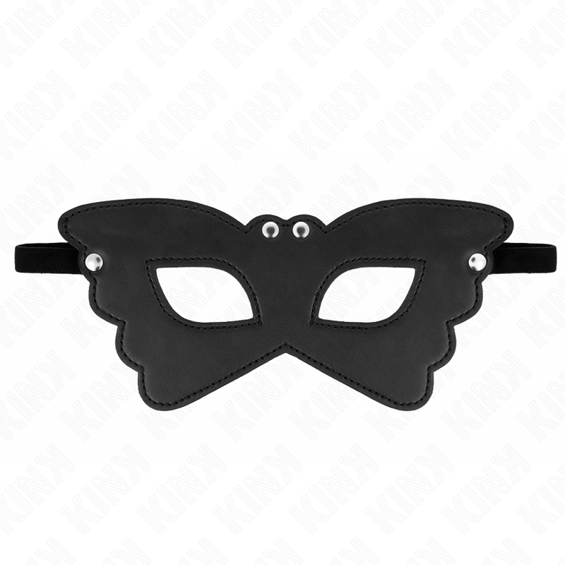 Máscara de couro KINK em forma de borboleta preta, detalhe do material e design elegante.