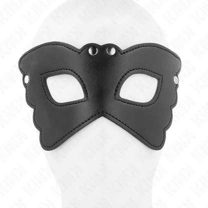 Máscara de couro KINK em forma de borboleta preta, detalhe do material e design elegante.