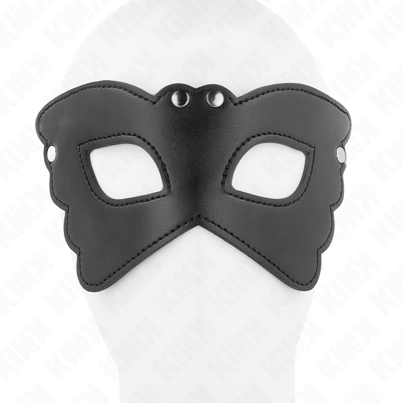 Máscara de couro KINK em forma de borboleta preta, detalhe do material e design elegante.