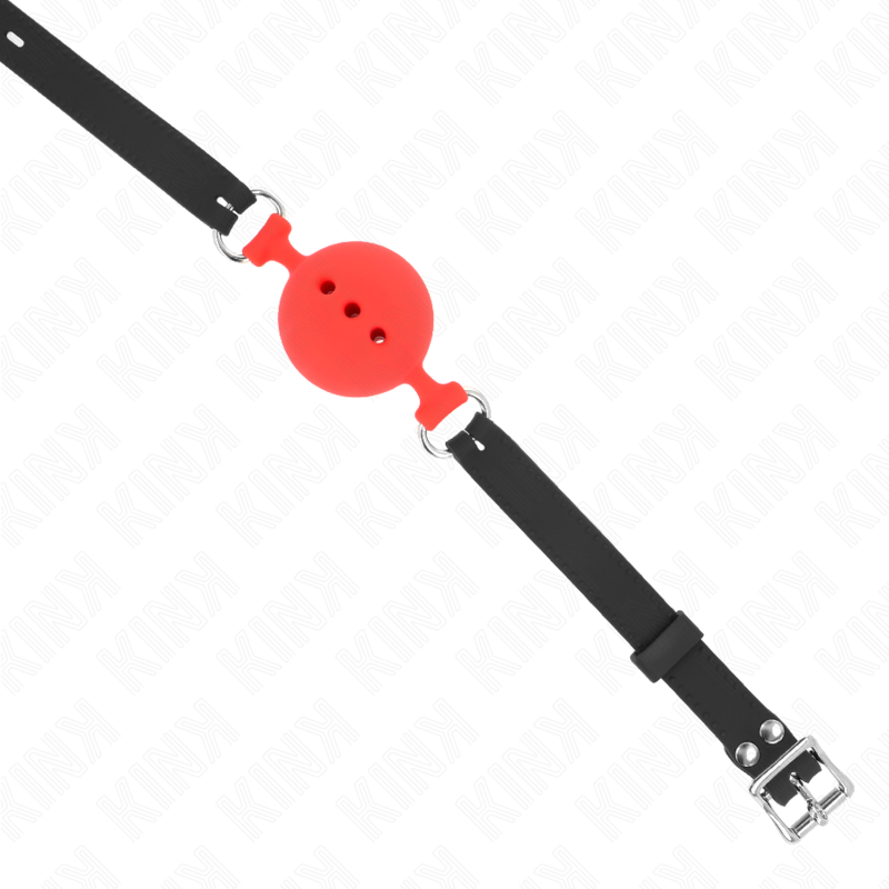 Mordaça completa de silicone KINK vermelha com bola de 5 cm, mostrando os detalhes ajustáveis e a textura.