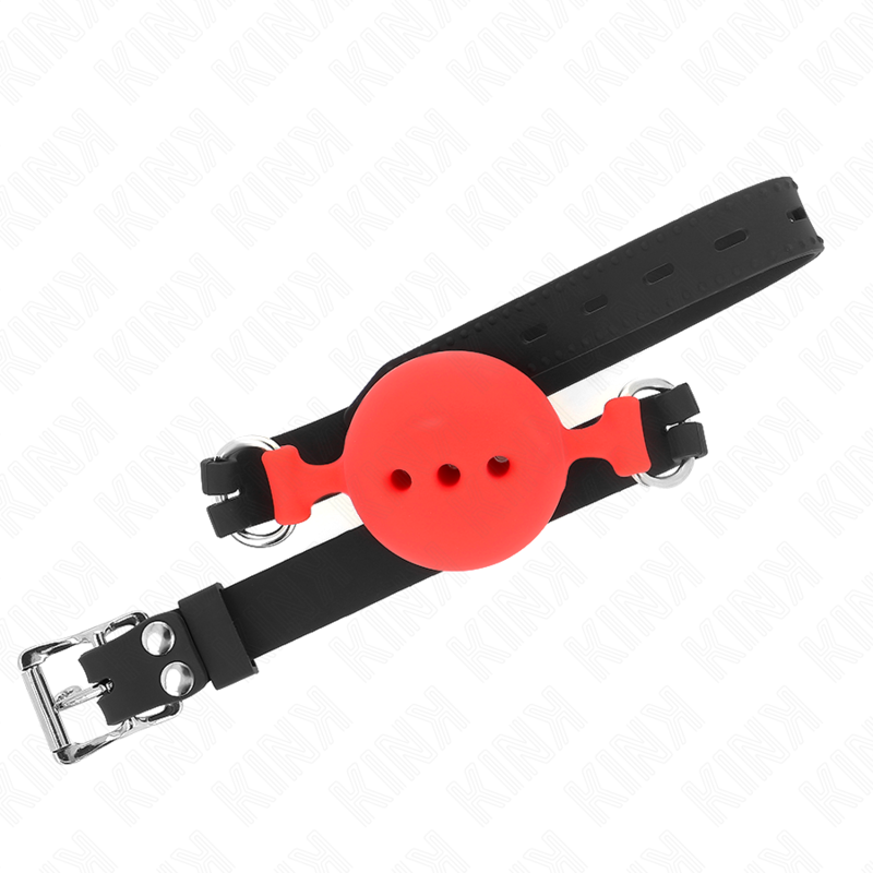 Mordaça completa de silicone KINK vermelha com bola de 5 cm, mostrando os detalhes ajustáveis e a textura.