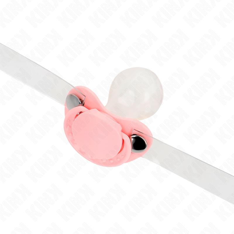 Close-up of the KINK Mordaça de Chupeta Rosa, showing its design and adjustable strap.