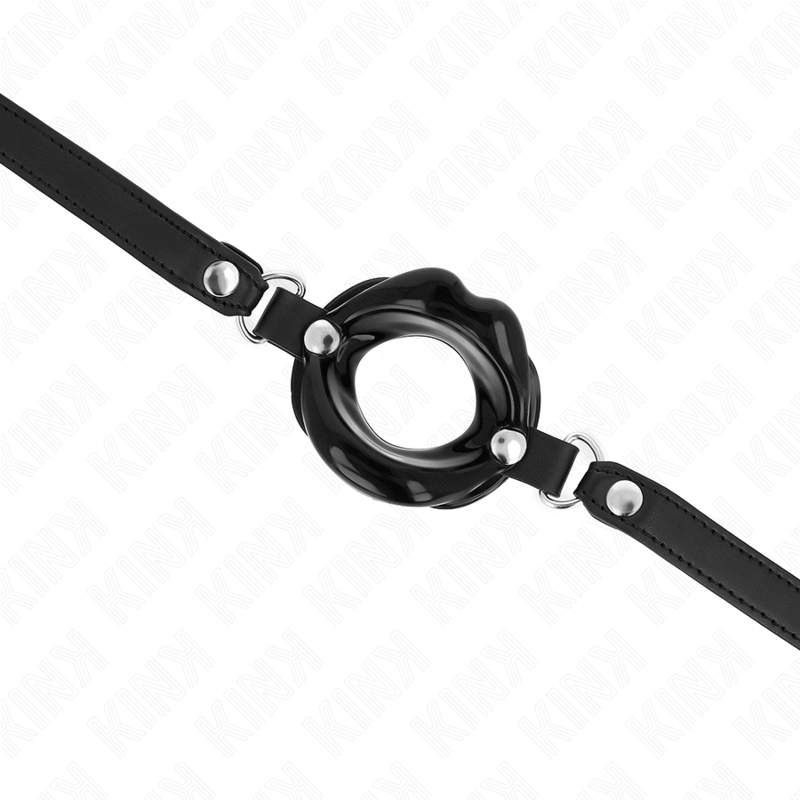 Mordaça Lip KINK de 8 CM com alça de couro preta ajustável, detalhe do material e mecanismo.