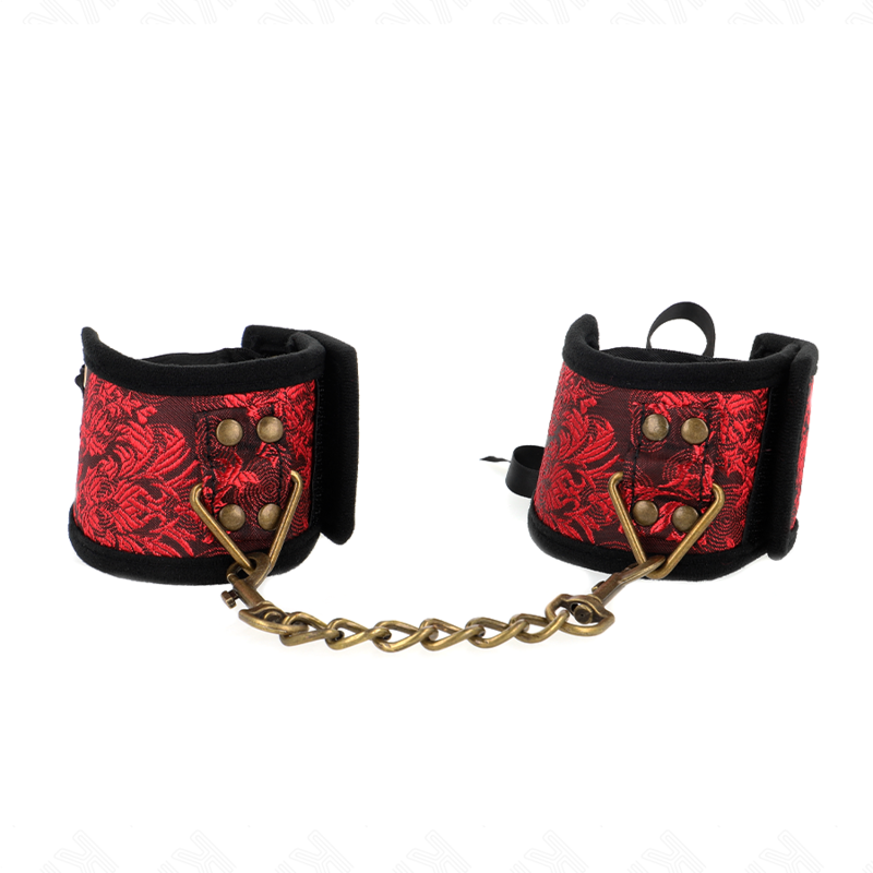 KINK Almofadas de Pulso Scandal em renda vermelho-preto, exibindo os detalhes e o design elegante para BDSM.