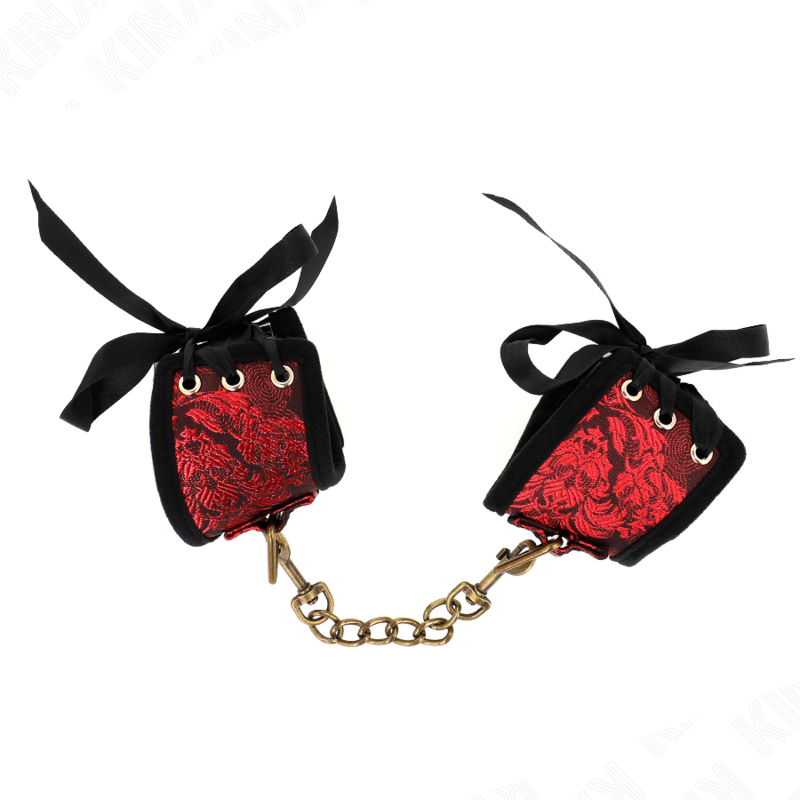 KINK Almofadas de Pulso Scandal em renda vermelho-preto, exibindo os detalhes e o design elegante para BDSM.