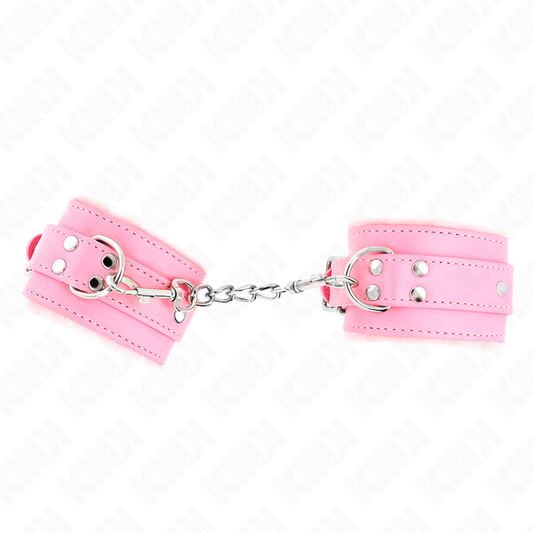 KINK Pulseira de Contenção Forro de Pele Rosa Ajustável, detalhe do cinto e material.