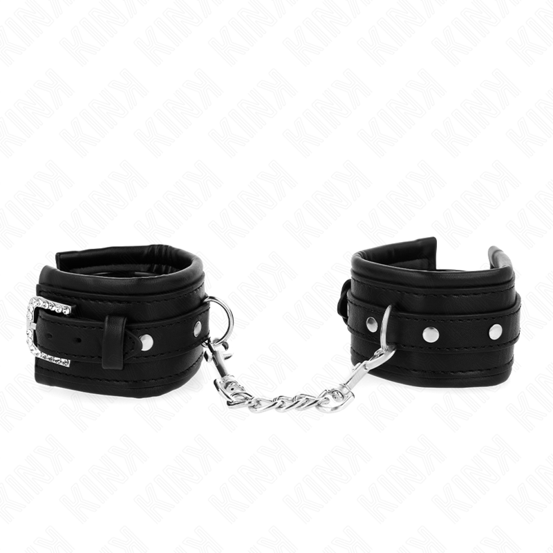 Retenções de pulso KINK com fivela de rhinestone preto, ajustáveis para BDSM.