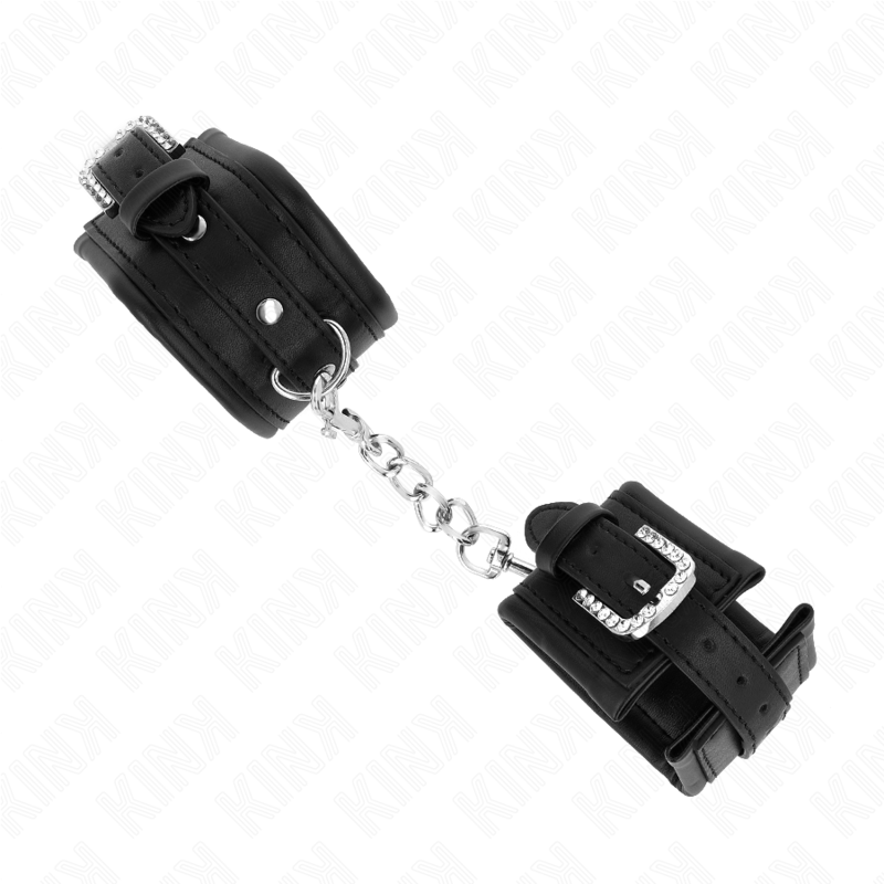 Retenções de pulso KINK com fivela de rhinestone preto, ajustáveis para BDSM.