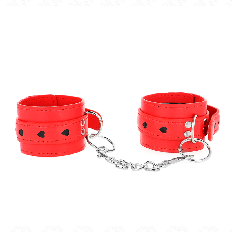 Pulseira BDSM KINK Vermelha com Inserção de Coração Preto, ajustável para pulsos.