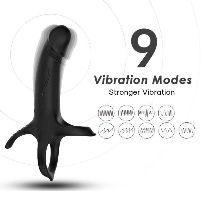 ARMONY Anel Peniano Vibratório Duplo - 9 Modos Recarregável USB Preto, mostrando seu design ergonómico e acabamento em silicone.