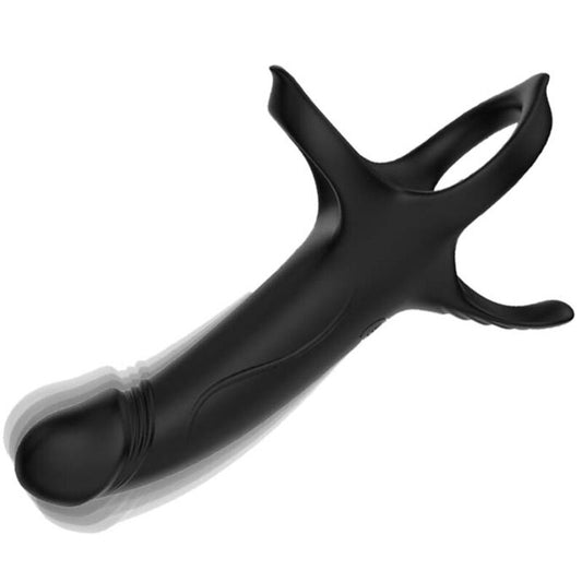 ARMONY Anel Peniano Vibratório Duplo - 9 Modos Recarregável USB Preto, mostrando seu design ergonómico e acabamento em silicone.