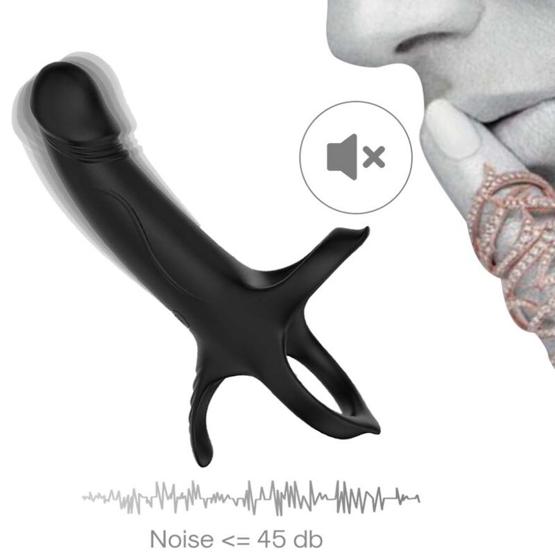 ARMONY Anel Peniano Vibratório Duplo - 9 Modos Recarregável USB Preto, mostrando seu design ergonómico e acabamento em silicone.