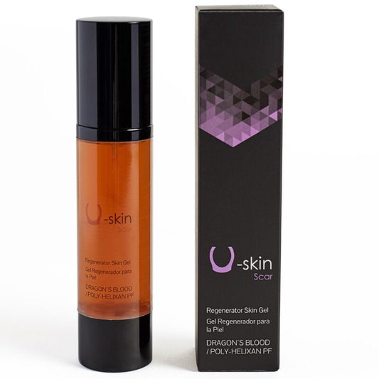 Gel regenerador 500 COSMETICS U-Skin para pele tatuada, com embalagem e textura do produto.