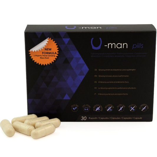 Embalagem das 500 COSMETICS U-MAN, cápsulas para potência e bem-estar masculino.