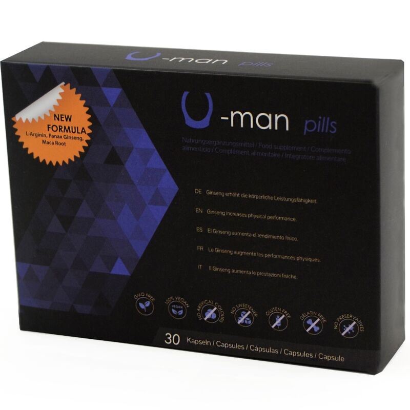 Embalagem das 500 COSMETICS U-MAN, cápsulas para potência e bem-estar masculino.