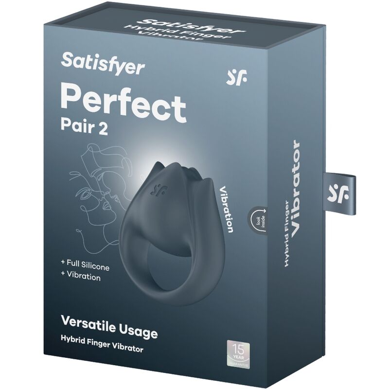 Close-up do Satisfyer Perfect Pair 2 Multivibrador 2 em 1 Anel Peniano e Estimulador de Dedo Cinza, mostrando suas texturas e forma versátil.