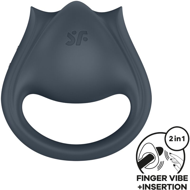 Close-up do Satisfyer Perfect Pair 2 Multivibrador 2 em 1 Anel Peniano e Estimulador de Dedo Cinza, mostrando suas texturas e forma versátil.