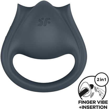 Close-up do Satisfyer Perfect Pair 2 Multivibrador 2 em 1 Anel Peniano e Estimulador de Dedo Cinza, mostrando suas texturas e forma versátil.