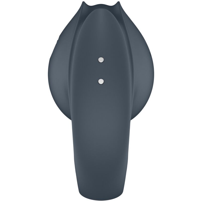 Close-up do Satisfyer Perfect Pair 2 Multivibrador 2 em 1 Anel Peniano e Estimulador de Dedo Cinza, mostrando suas texturas e forma versátil.