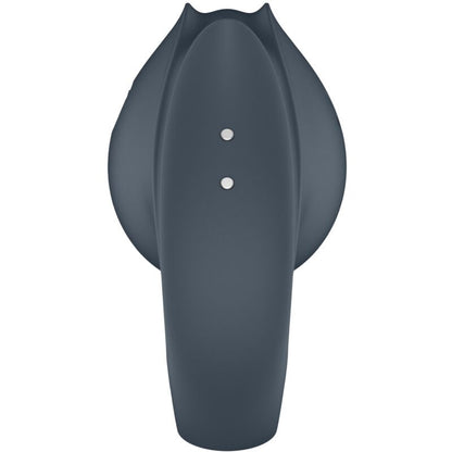 Close-up do Satisfyer Perfect Pair 2 Multivibrador 2 em 1 Anel Peniano e Estimulador de Dedo Cinza, mostrando suas texturas e forma versátil.