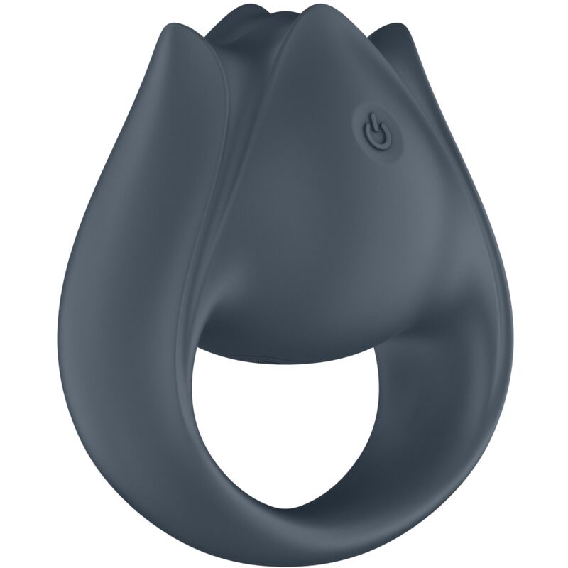 Close-up do Satisfyer Perfect Pair 2 Multivibrador 2 em 1 Anel Peniano e Estimulador de Dedo Cinza, mostrando suas texturas e forma versátil.