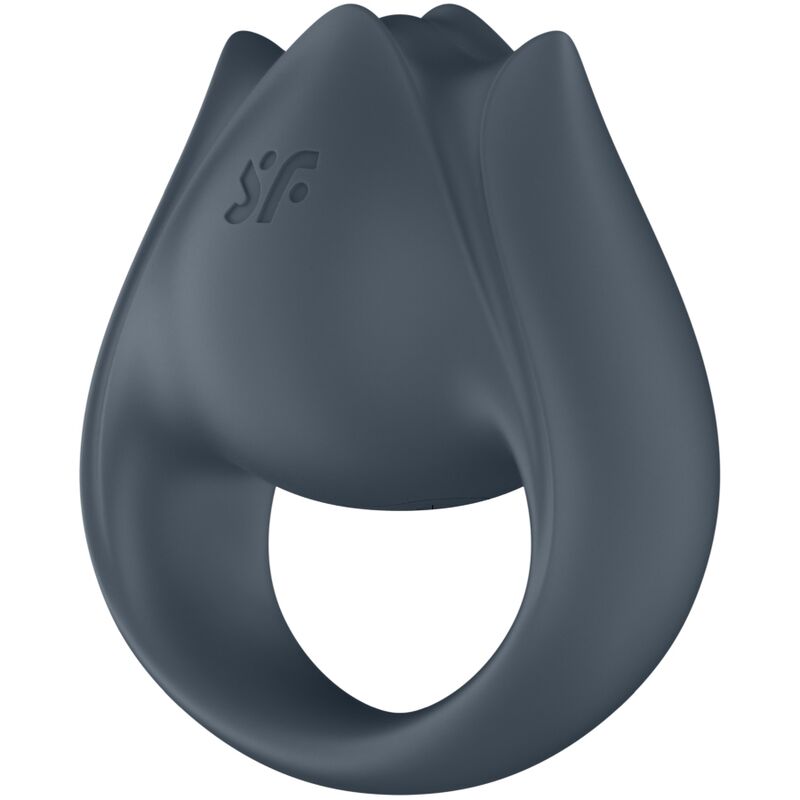 Close-up do Satisfyer Perfect Pair 2 Multivibrador 2 em 1 Anel Peniano e Estimulador de Dedo Cinza, mostrando suas texturas e forma versátil.