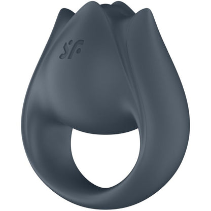 Close-up do Satisfyer Perfect Pair 2 Multivibrador 2 em 1 Anel Peniano e Estimulador de Dedo Cinza, mostrando suas texturas e forma versátil.