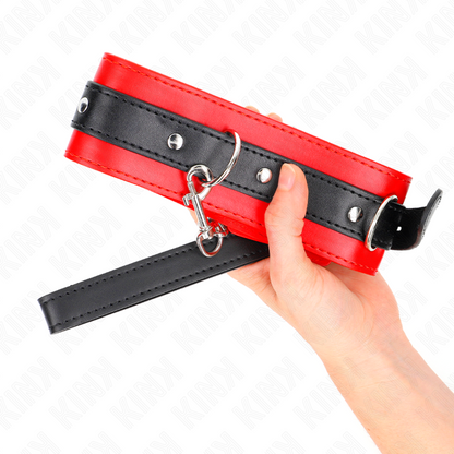 KINK Colar com Cinto BDSM e Alça Vermelha 65cm, detalhe do material e ajuste.