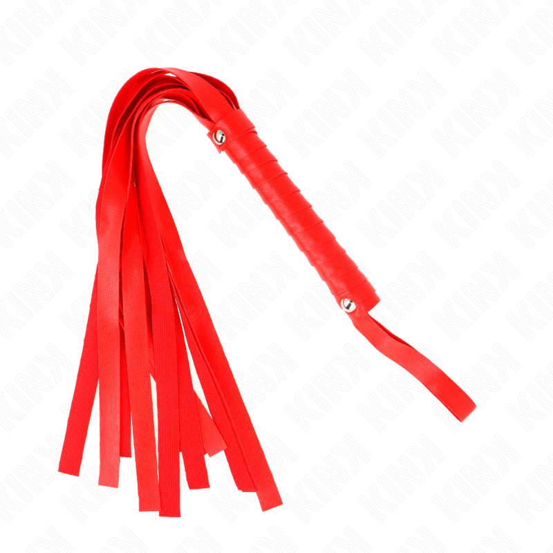 Chicote de Cauda Larga KINK Vermelho 48,5 cm para BDSM, mostrando detalhes da pega e das tiras.