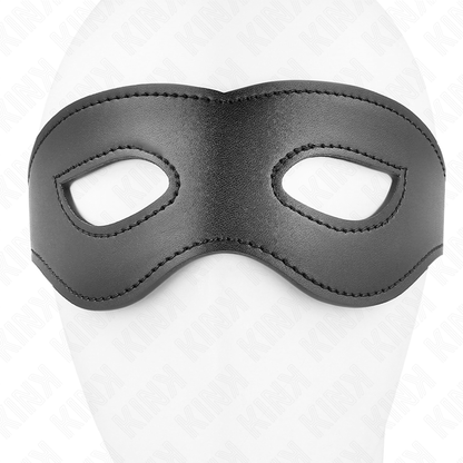 Close-up da Máscara de Couro KINK Modelo 1, ideal para jogos BDSM, mostrando detalhes do material e tiras ajustáveis.