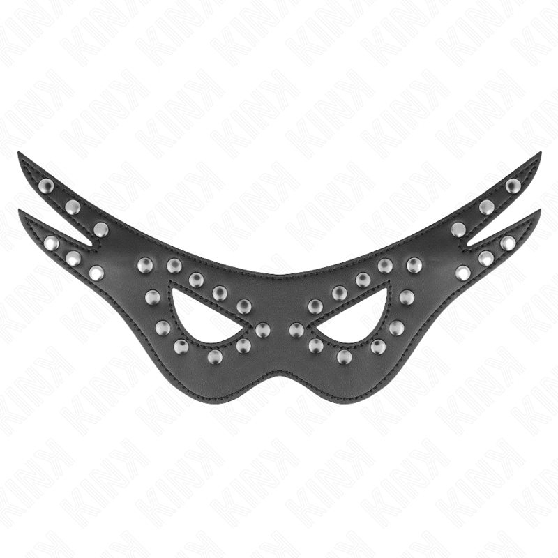 Máscara de couro KINK preta, destacando o design sexy e o material de alta qualidade.