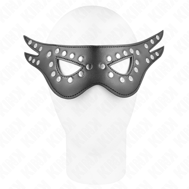 Máscara de couro KINK preta, destacando o design sexy e o material de alta qualidade.