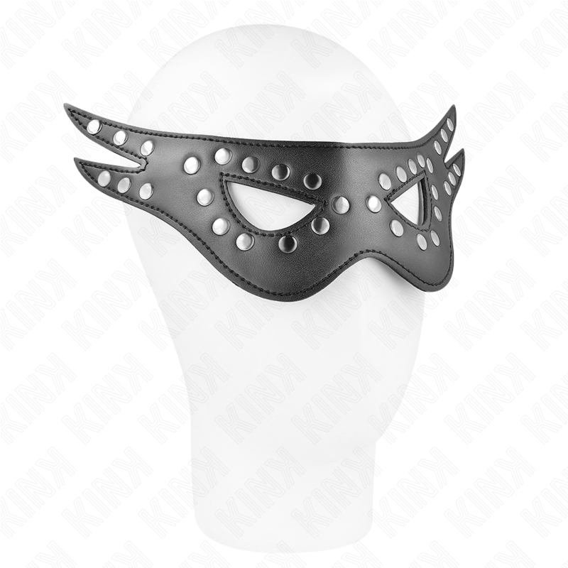 Máscara de couro KINK preta, destacando o design sexy e o material de alta qualidade.