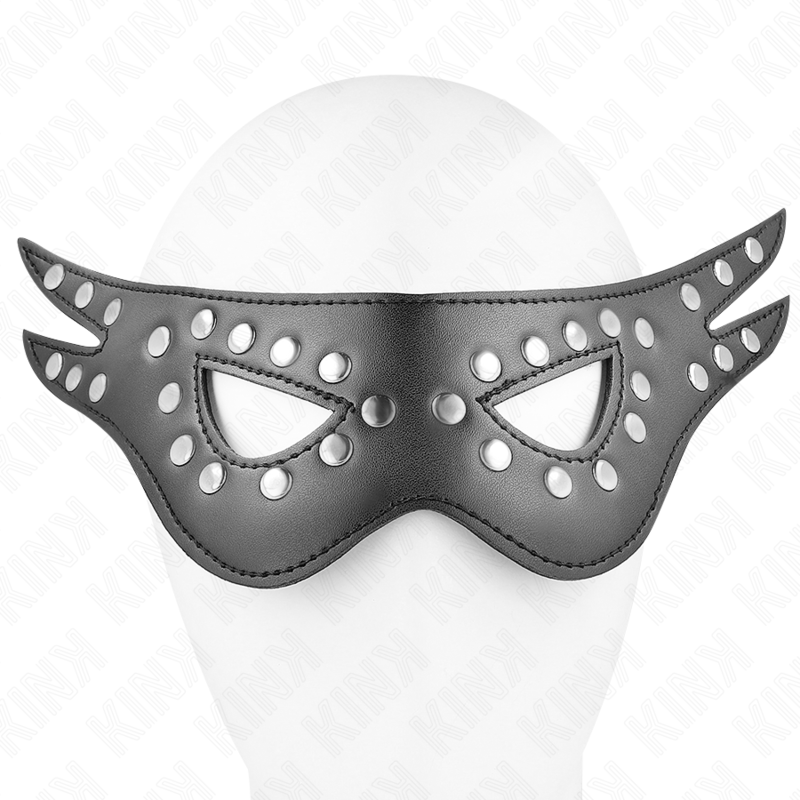 Máscara de couro KINK preta, destacando o design sexy e o material de alta qualidade.