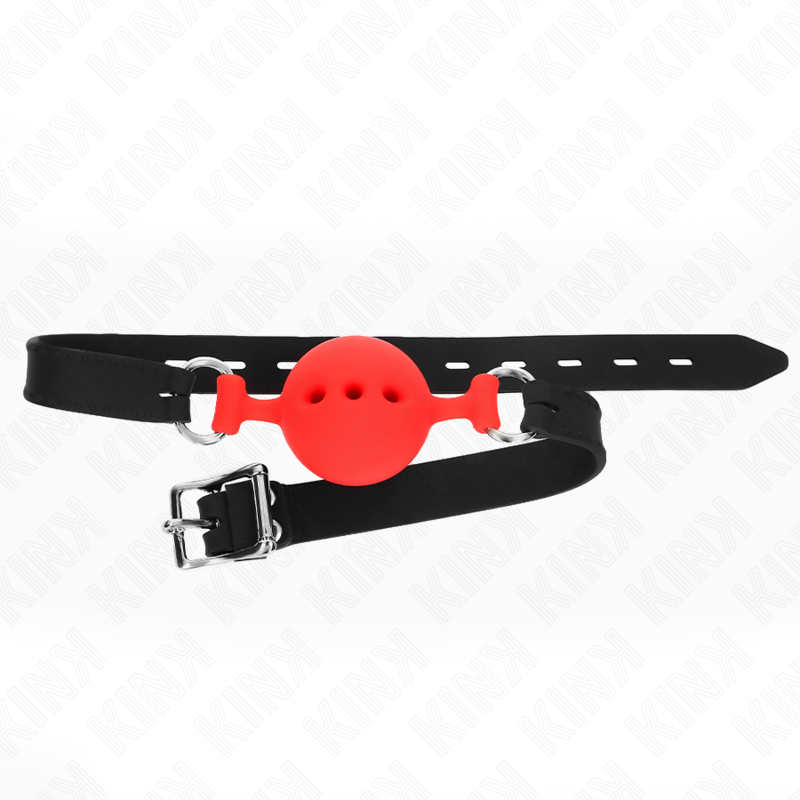 KINK Mordaça Completa de Silicone Vermelha com bola de 4,5 cm, mostrando o material e ajuste.