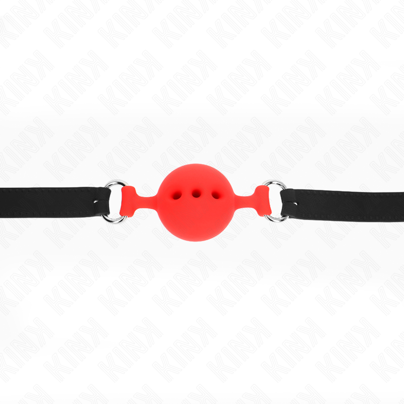 KINK Mordaça Completa de Silicone Vermelha com bola de 4,5 cm, mostrando o material e ajuste.