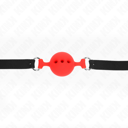 KINK Mordaça Completa de Silicone Vermelha com bola de 4,5 cm, mostrando o material e ajuste.