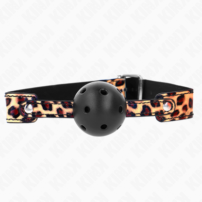 Mordaça de bola KINK com design leopardo e correia ajustável para sessões BDSM.